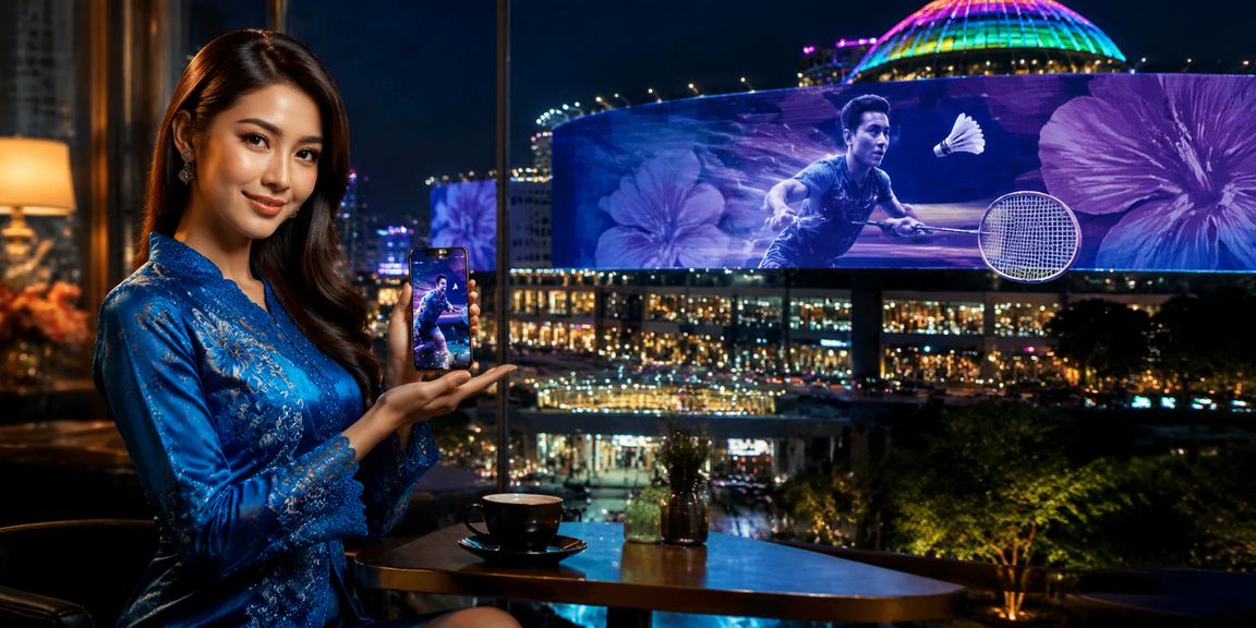 Pengguna scr88 berbaju kurung mengakses sukan maya melalui telefon pintar di Genting Highlands