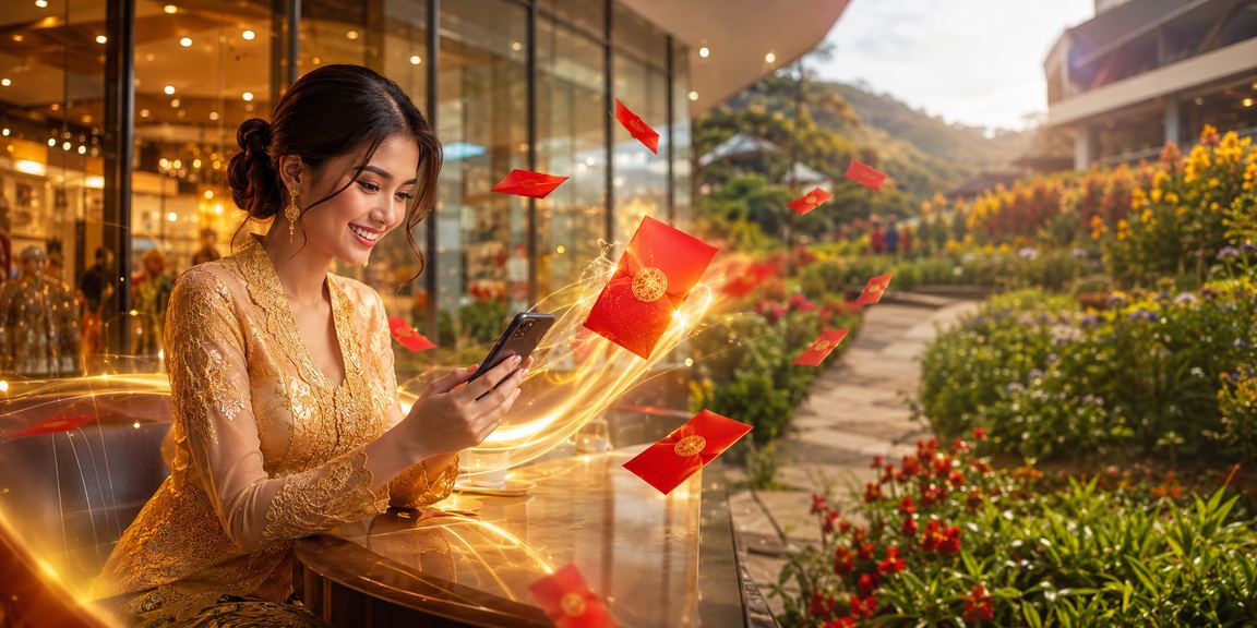 Pengguna scr88 berbaju kebaya menerima bonus sampul merah perayaan Malaysia